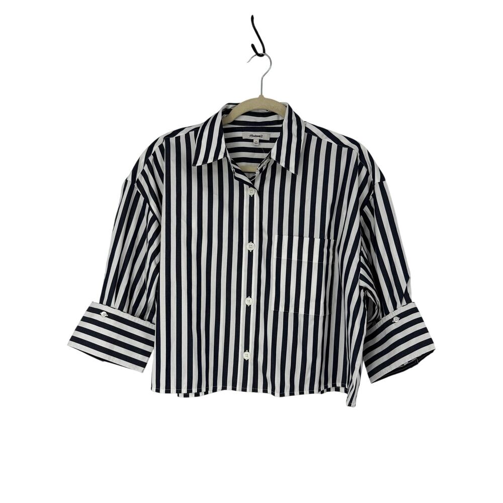 Madewell Striped Cropped Button Down Shirt Navy White Boxy Cotton Top S - Picture 3 of 10